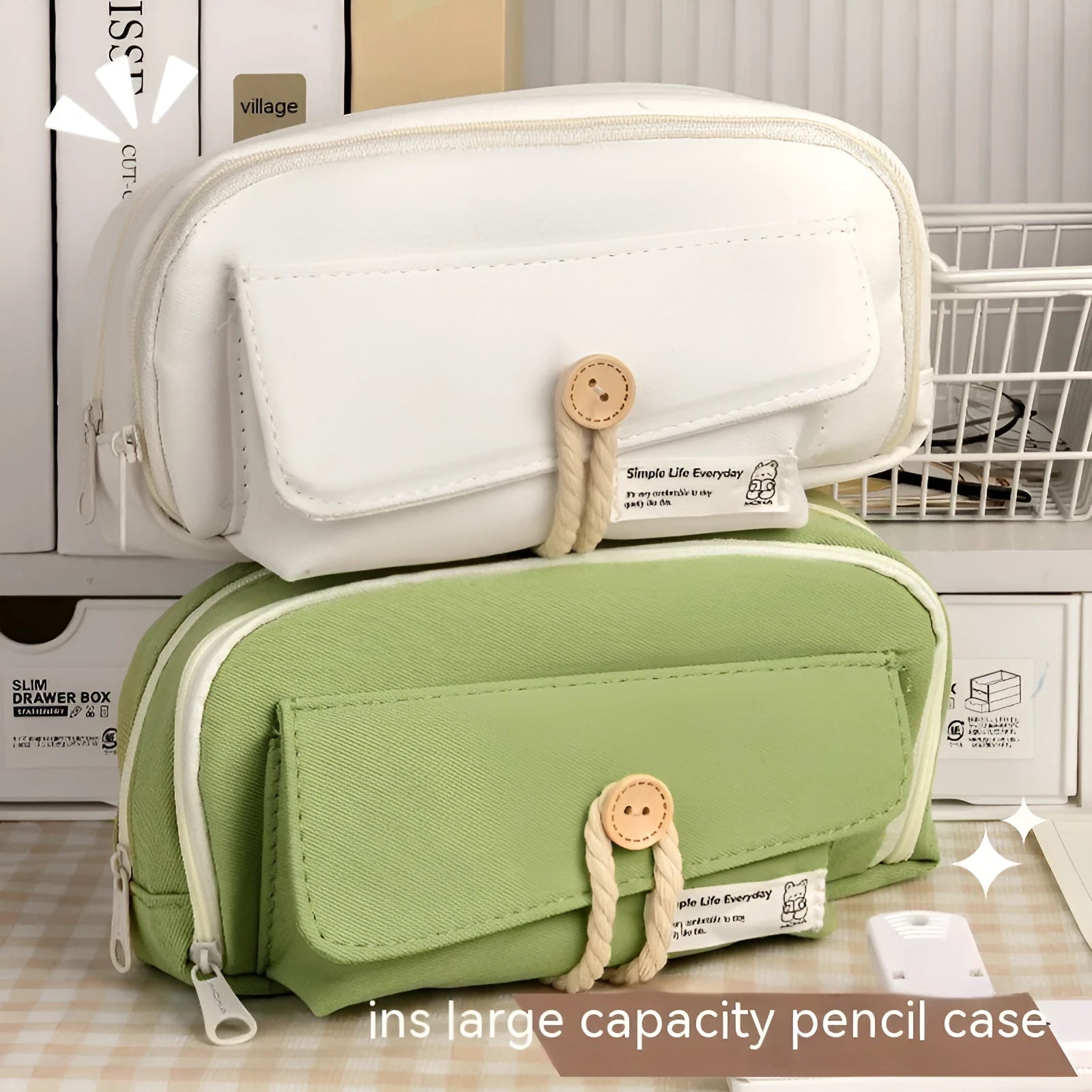 Canvas button pencil case in green, beige, blue or grey with capacity for 80 pens