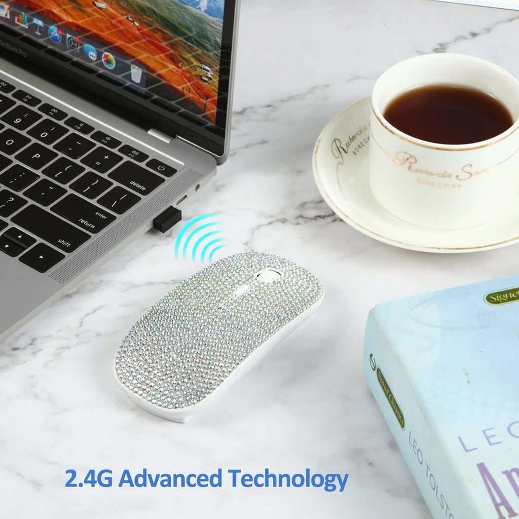 White wireless optical mouse with 2.4G connectivity, 4 keys, and rechargeable 450mAh battery on a desk