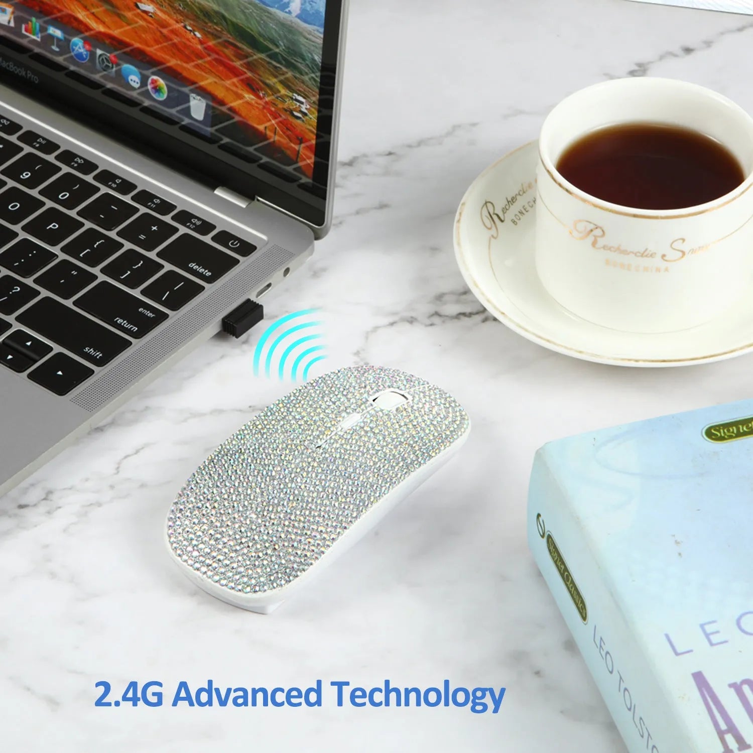 White wireless optical mouse with 2.4G connectivity, 4 keys, and rechargeable 450mAh battery on a desk