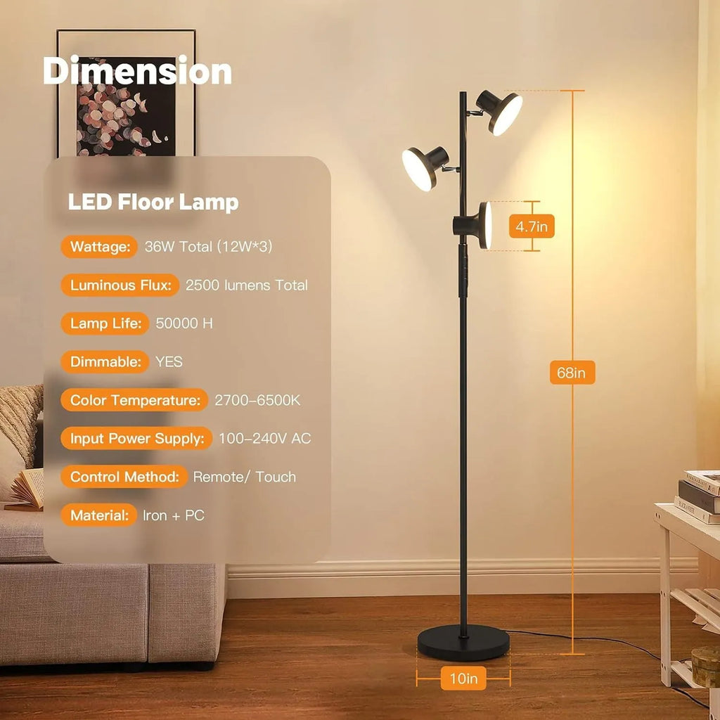 Adjustable LED floor lamp in black with remote control, 170cm height