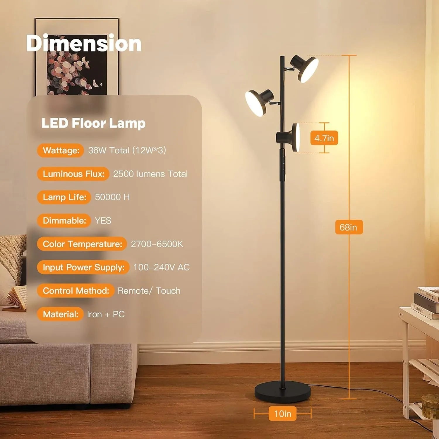 Adjustable LED floor lamp in black with remote control, 170cm height