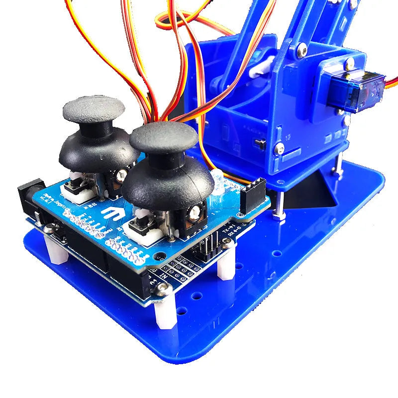 Manipulator robot arm kit with brown and blue acrylic brackets, SG90 servo, and dual rocker control module