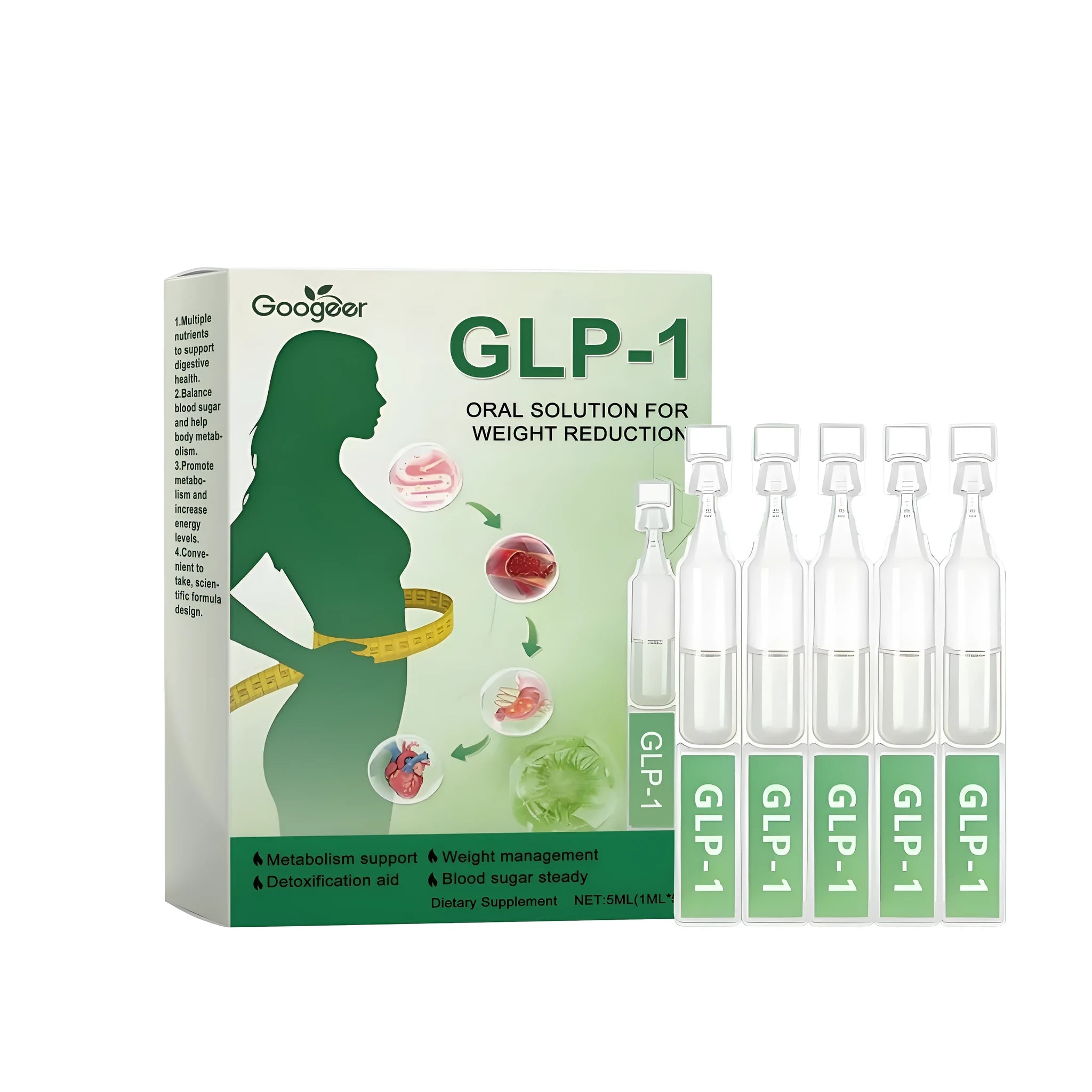 Slimming and shaping drops in 5x1ml bottles with green tea, Moringa, and turmeric extracts