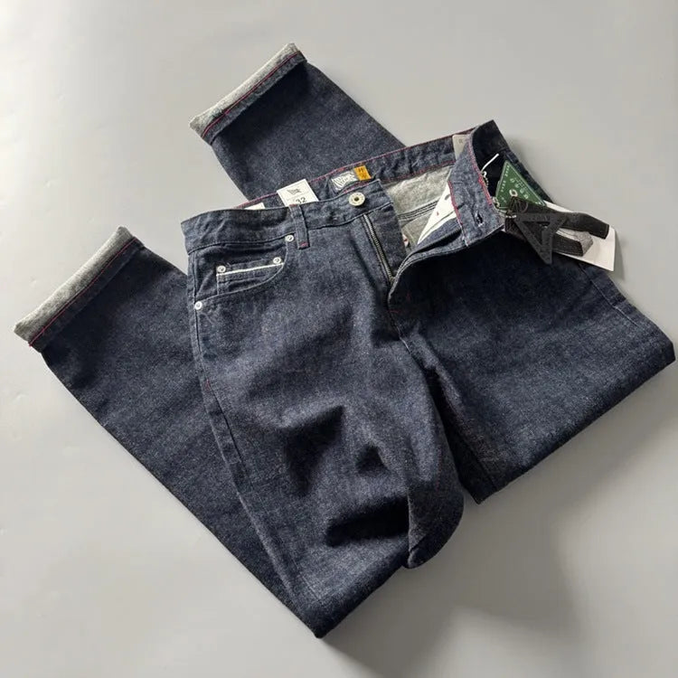 Men's straight-leg American retro jeans in a primary colour made from cotton denim.