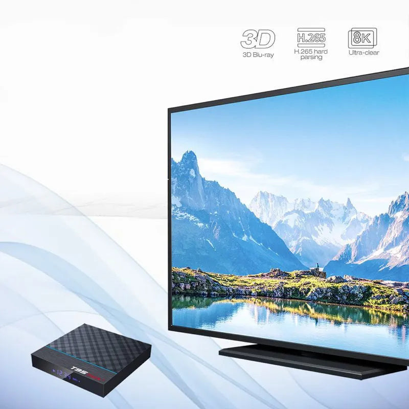 Black T95 Max Plus Android TV box with remote control, showing rear ports for HDMI, USB, and power.