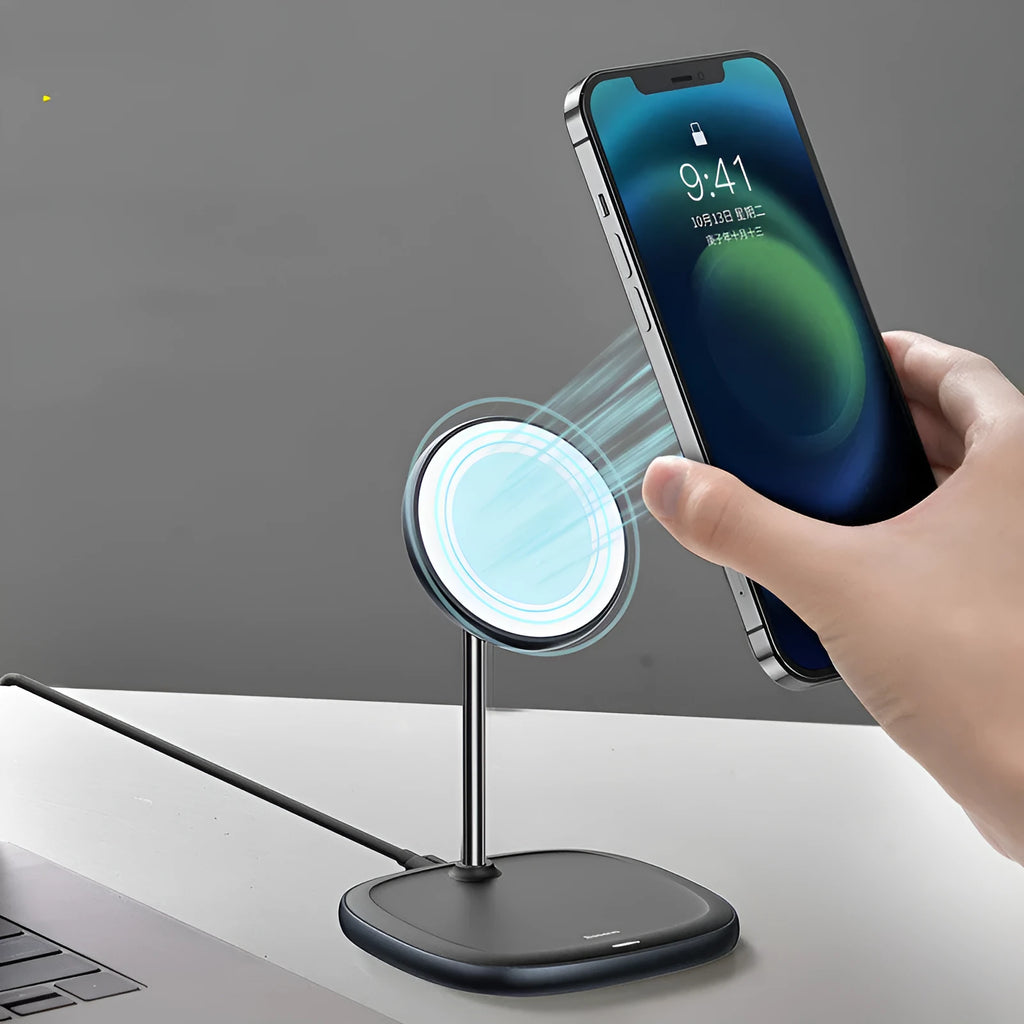Swan black magnetic desktop wireless charging stand for iPhone 12 with included Type-C cable.