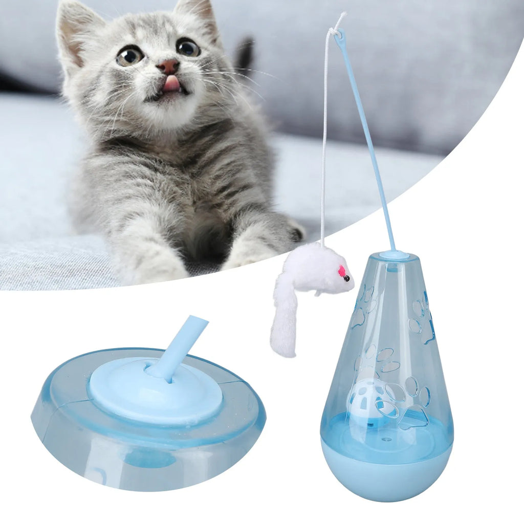 Blue and yellow cat toy with bell ball and treat dispenser plus plush mouse wand on white background