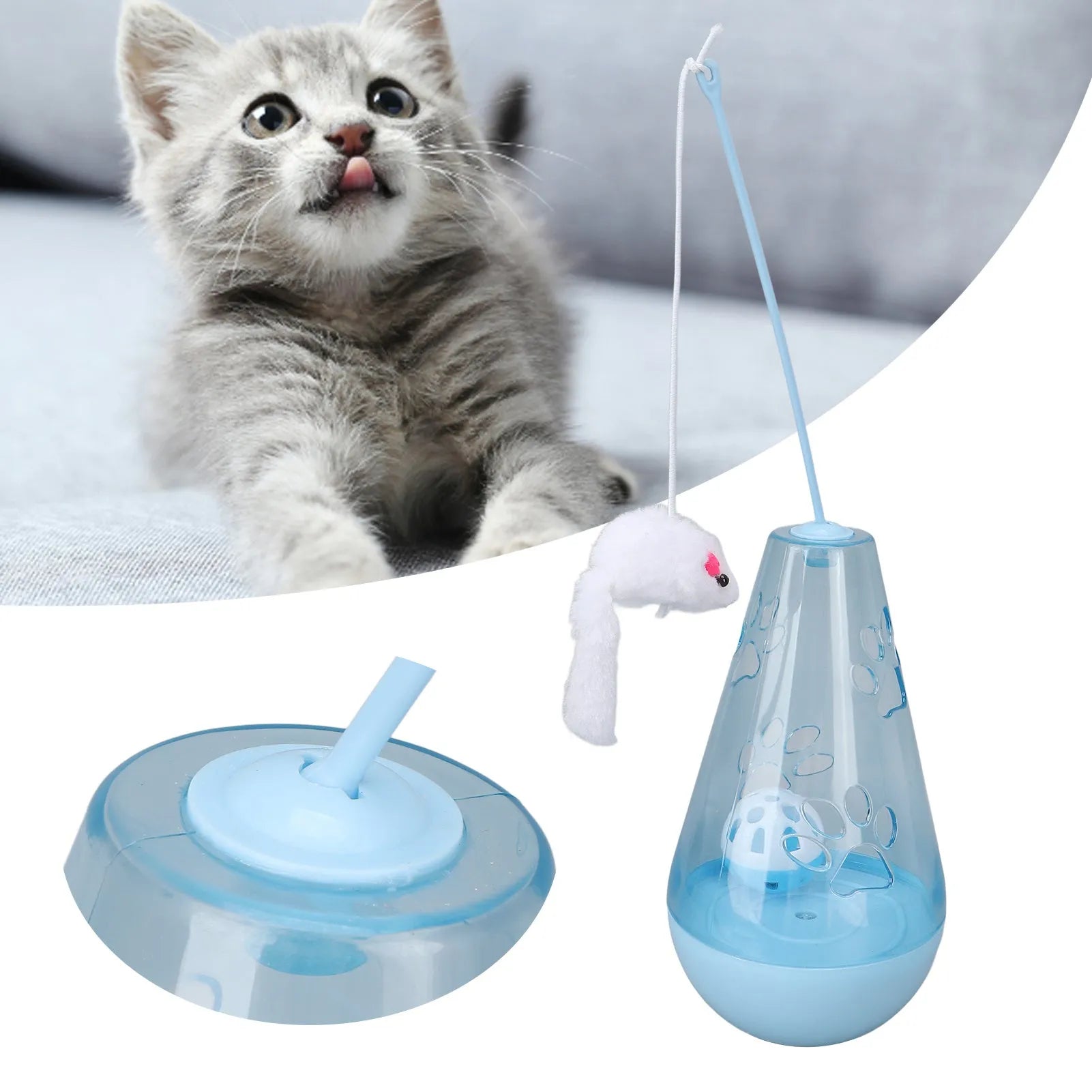 Blue and yellow cat toy with bell ball and treat dispenser plus plush mouse wand on white background