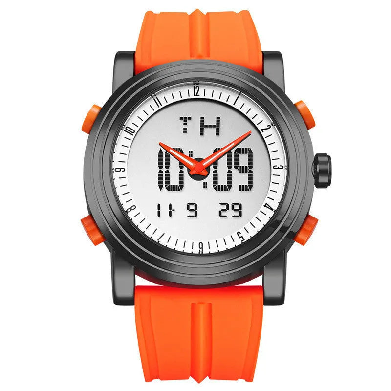 Black double display luminous electronic watch showing analogue hands and digital numbers on a 47 mm dial.