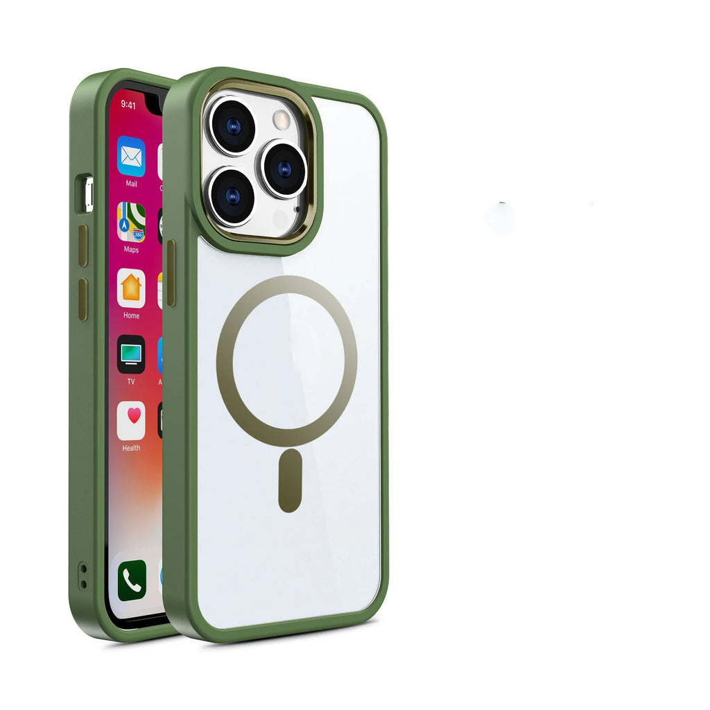 Magnetic transparent silicone phone case for iPhone on a table, showing colour options and MagSafe ring.