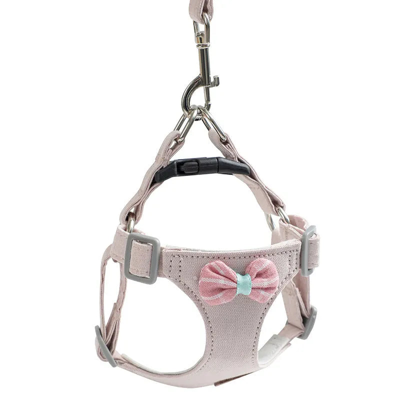 Dog hand holding rope vest small dog chest harness set in beige dots flowers with traction rope