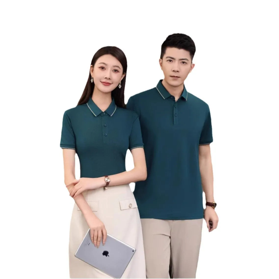 Men's loose-fit summer polo shirt in army green, short sleeves, on a hanger.