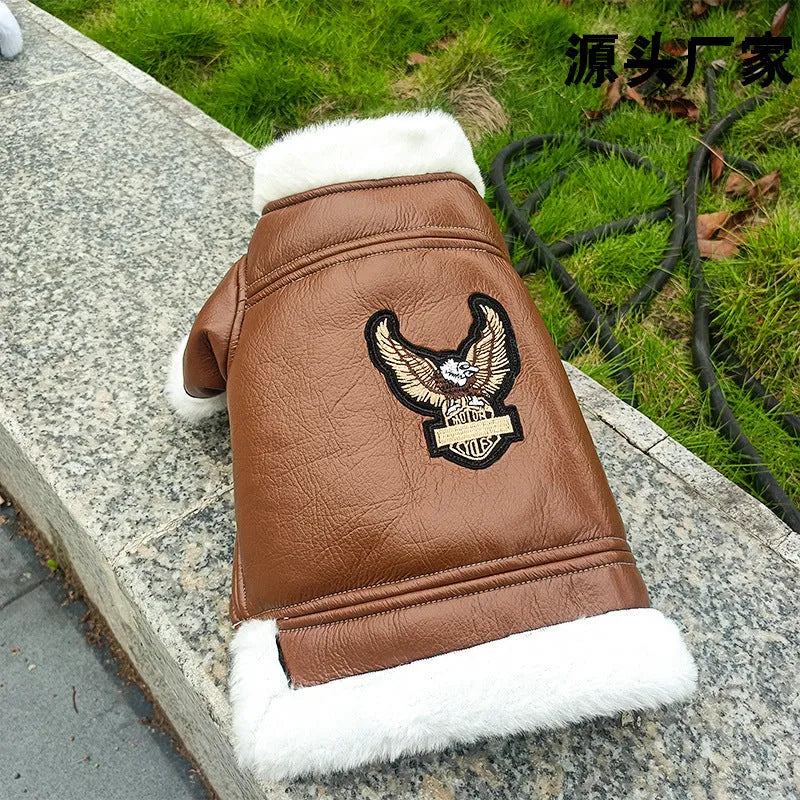 Leather dog winter jacket in black and brown colours with vest style option