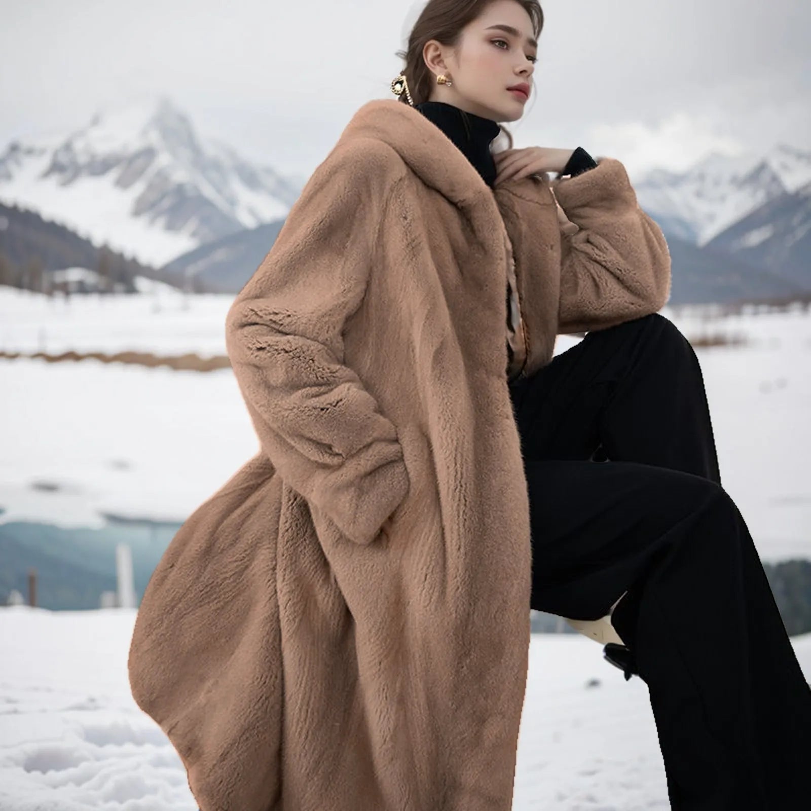 Long brown leopard print faux fur coat on a plus-size model, showing its 100cm length and loose fit.