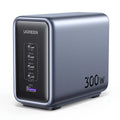 300W charging notebook charger head in business gray with 4C 1A interface, power cord, and dual C cable.