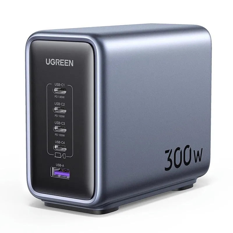 300W charging notebook charger head in business gray with 4C 1A interface, power cord, and dual C cable.