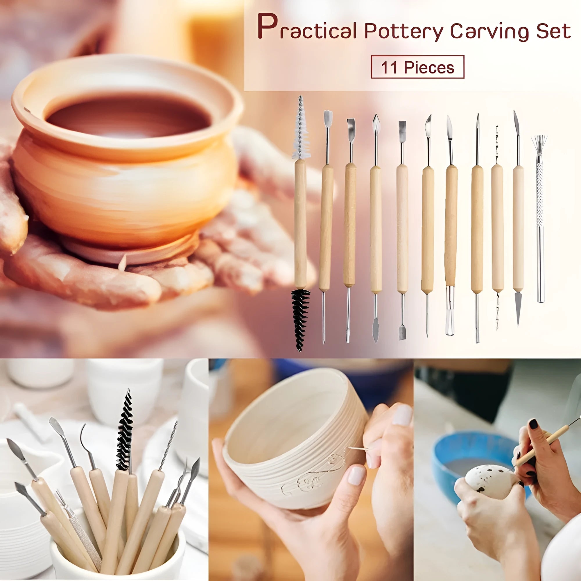 11-piece pottery tool set with stainless steel heads and wooden handles for clay sculpting