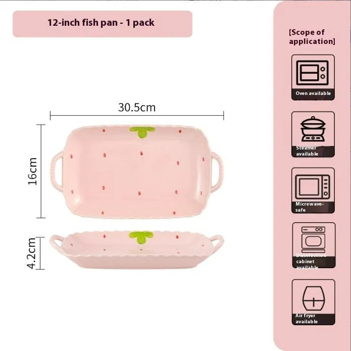 Creative strawberry-themed porcelain dinnerware set with fish plate, flower bowls, and straw hat plate.