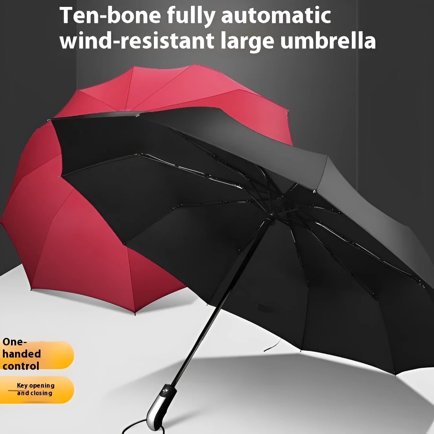 Triple-fold automatic open business umbrella with a black canopy, steel ribs, and rubber handle.