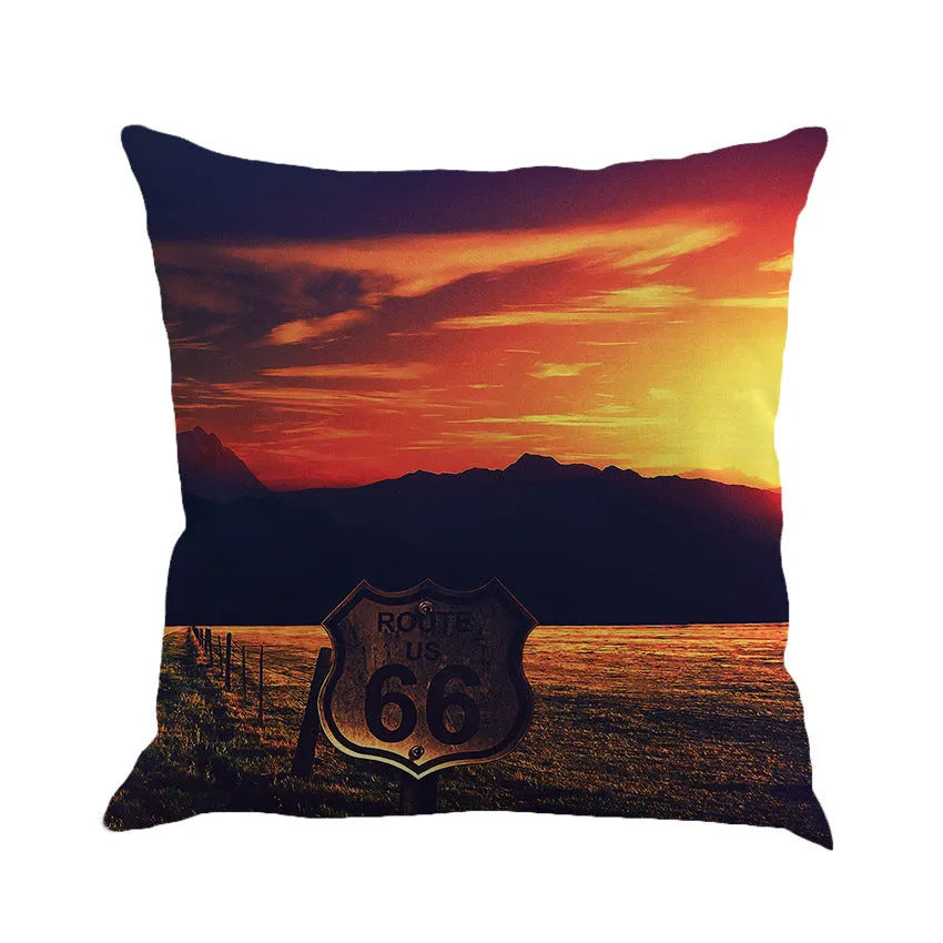 Square linen and cotton cushion cover with US Route 66 scenic landscape print, shown in one of six available colours.