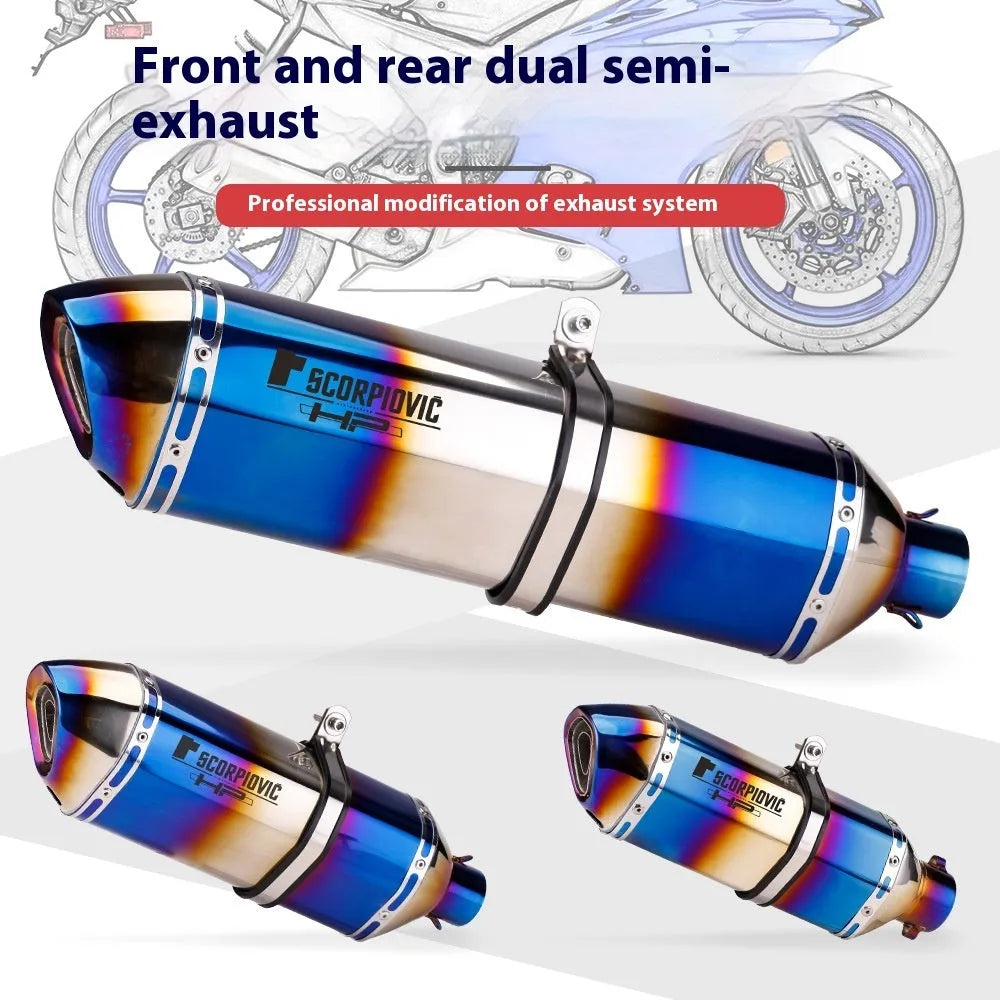 Double half blue stainless steel racing exhaust pipe for motorcycle modification, roasted blue finish, 370 470 570 options