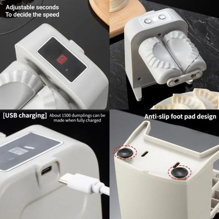 White electric dumpling maker machine with USB charging cable and accessories