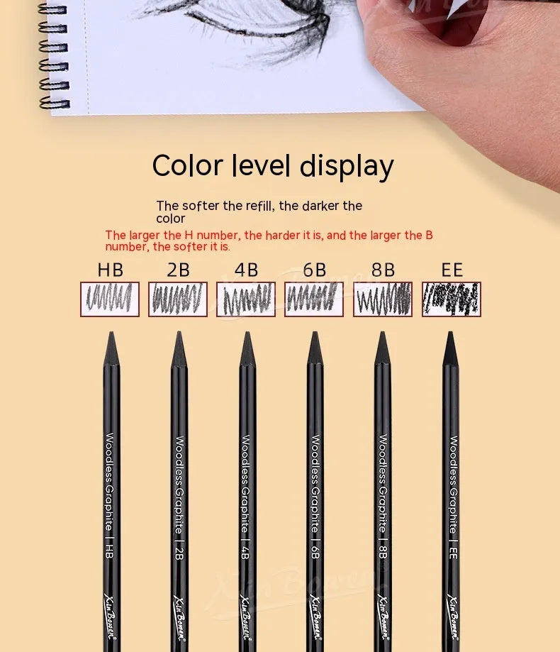 Set of wood-free graphite sketching pencils in grades HB, 2B, 4B, 6B, 8B, and EE.