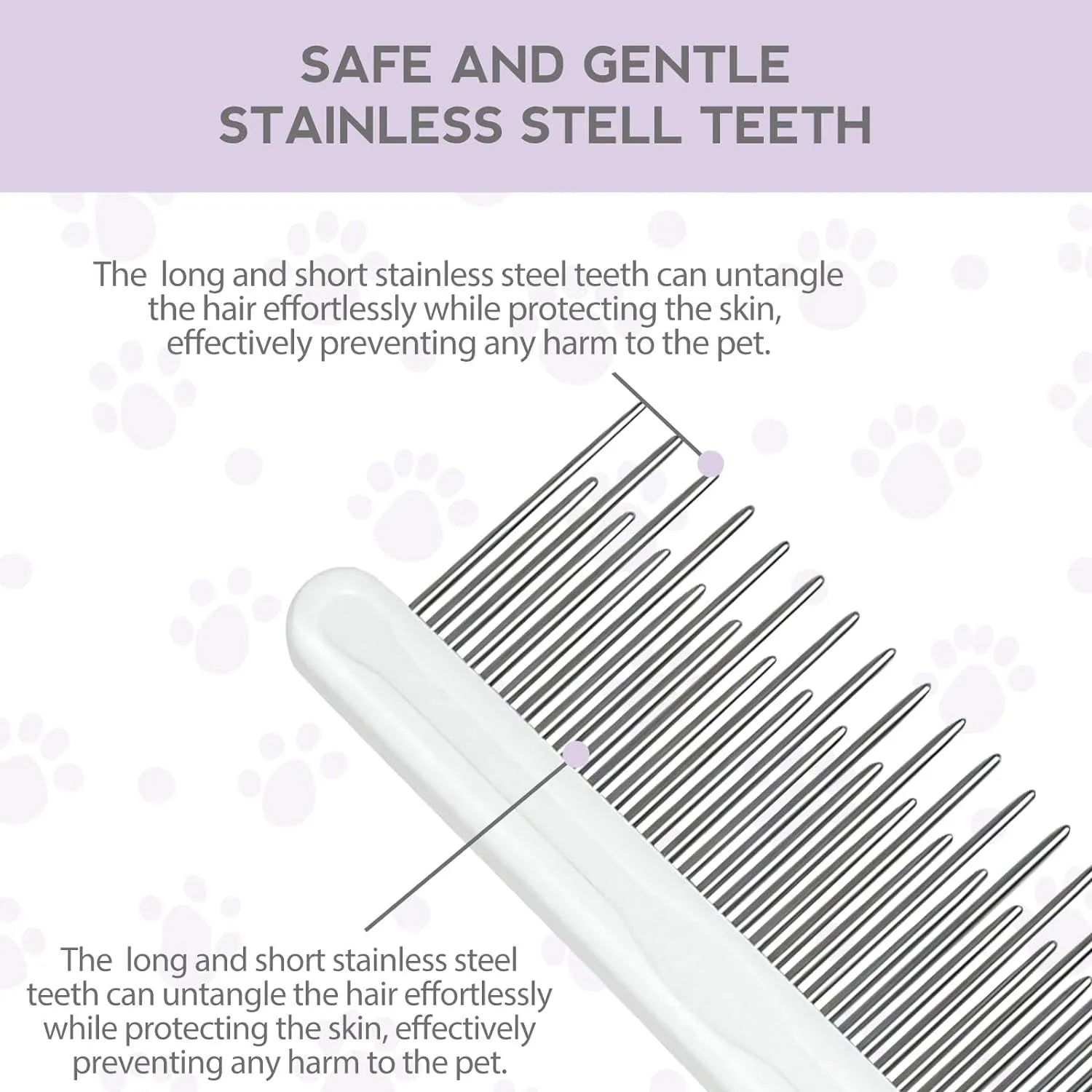 Purple pet grooming comb with stainless steel long and short teeth and an ergonomic handle.