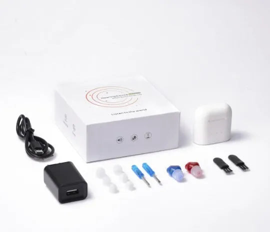 G19 silicone sound amplifier with TWS true wireless charging silo in Red Blue or Skin tone.
