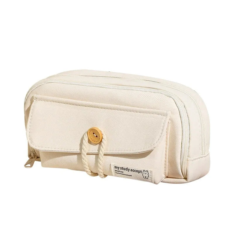 Canvas button pencil case in green, beige, blue or grey with capacity for 80 pens
