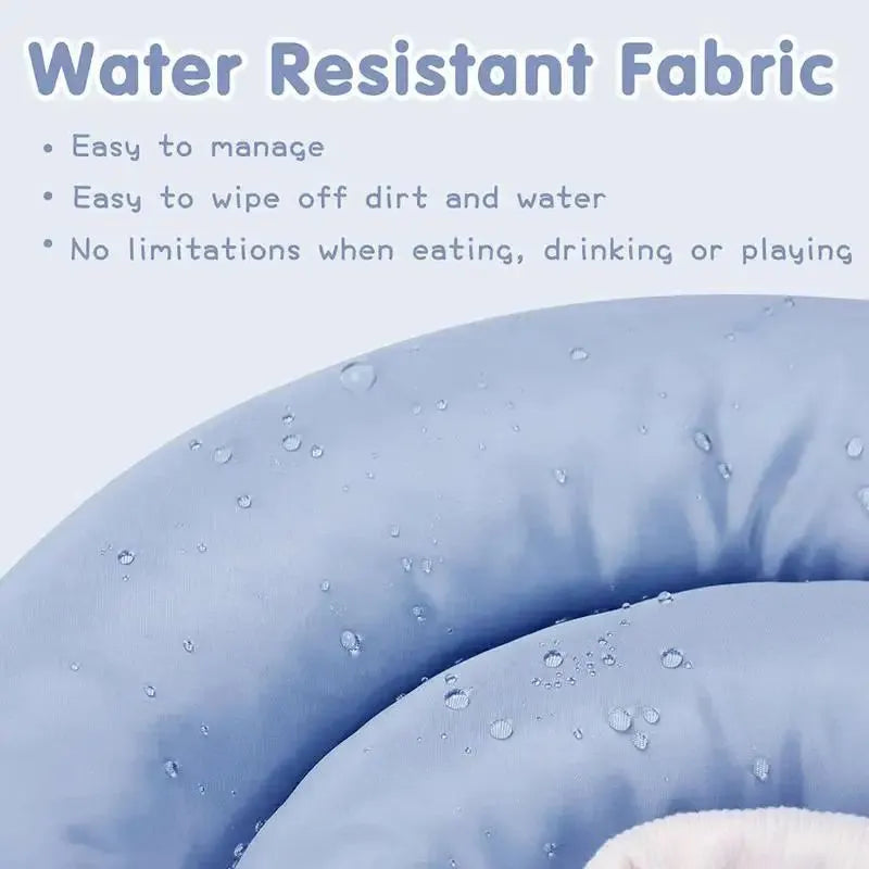 Adjustable waterproof Elizabethan recovery collar for dogs and cats in blue, shown with size chart