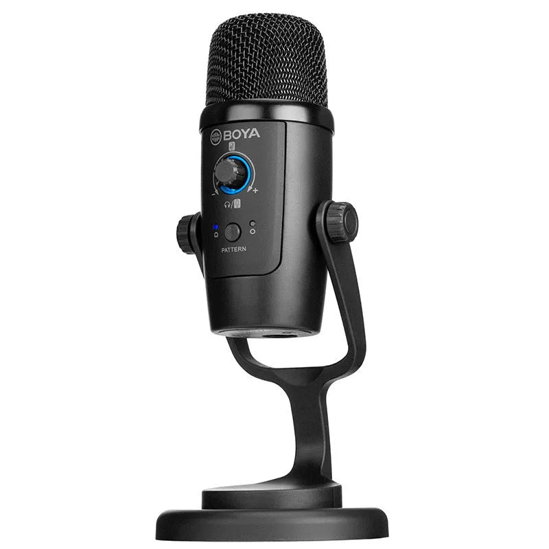 Black Boya BY-PM500 USB microphone with built-in sound card and Type-C port on a stand.