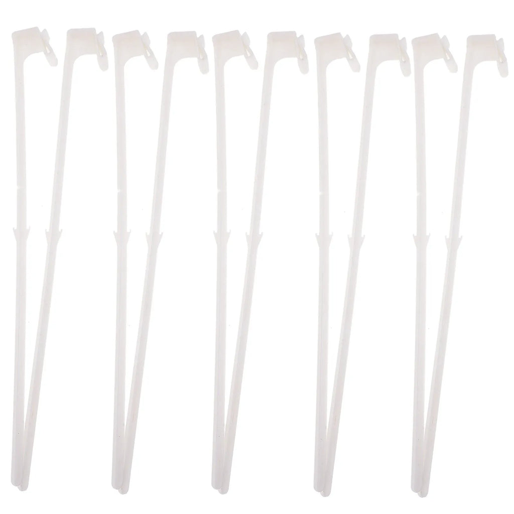 Pack of ten white plastic car window flagpole holder clips on a car window.