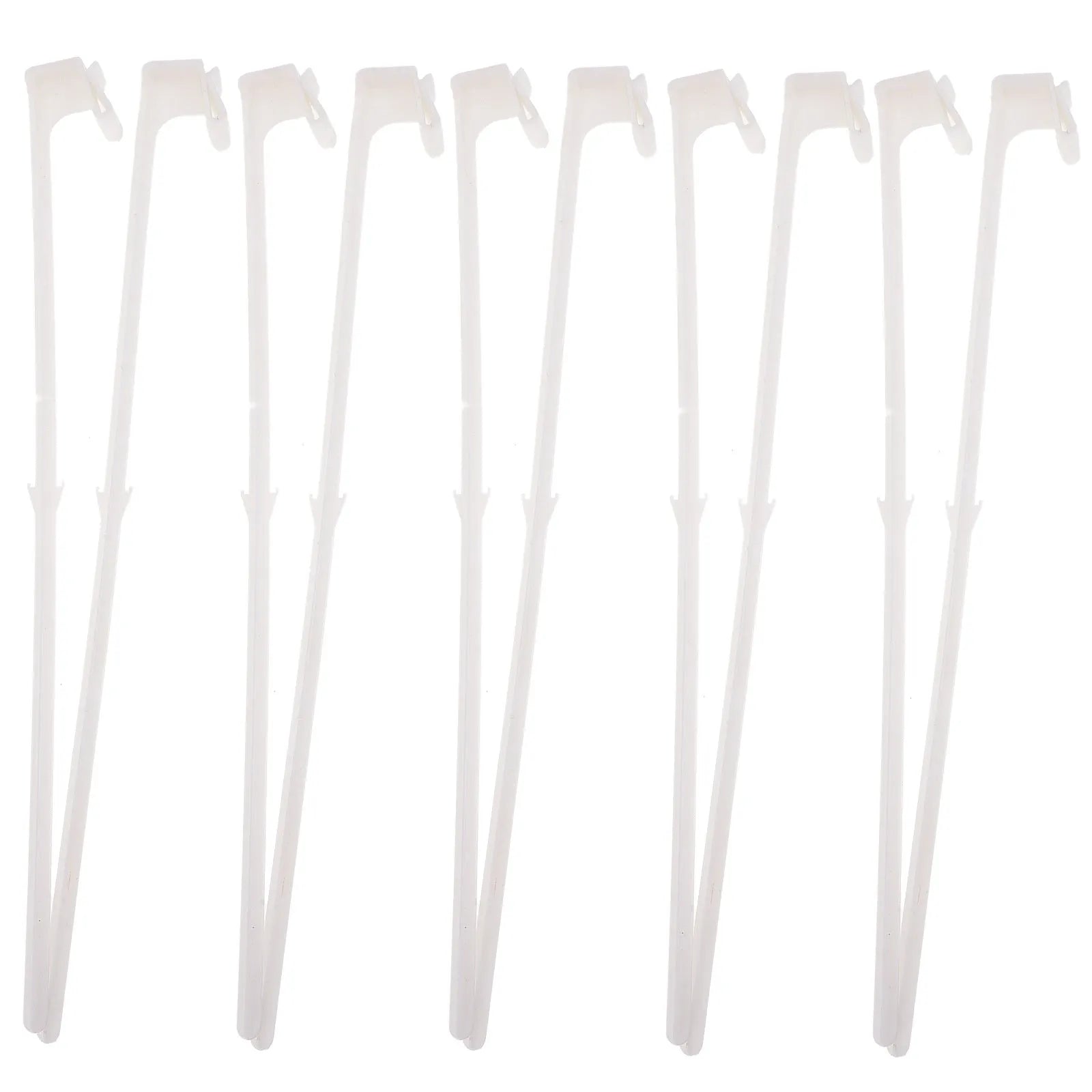 Pack of ten white plastic car window flagpole holder clips on a car window.