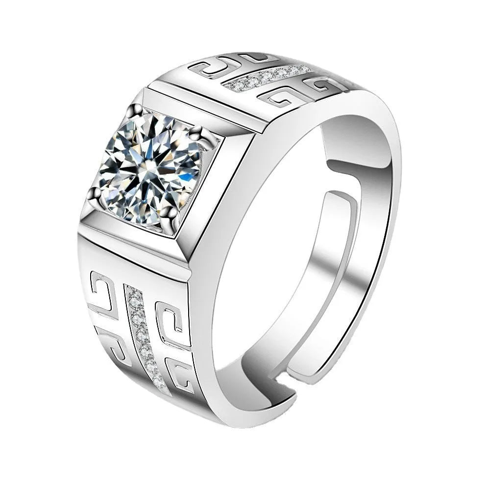 Men's adjustable square diamond ring in copper with gold or platinum finish and cubic zirconia centrepiece