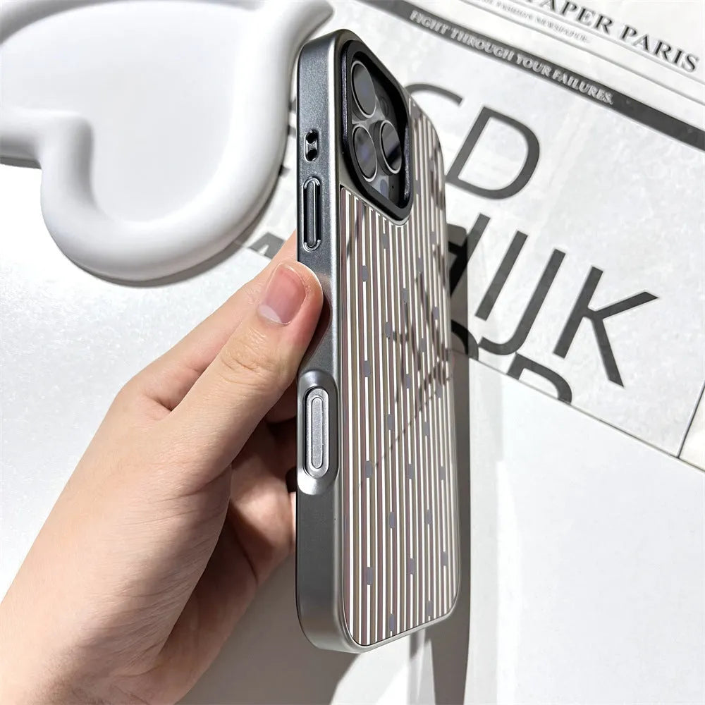 Contrast colour stripe phone case with silver plated edge and sprayed mirror finish for iPhone 12 to 16 Pro Max