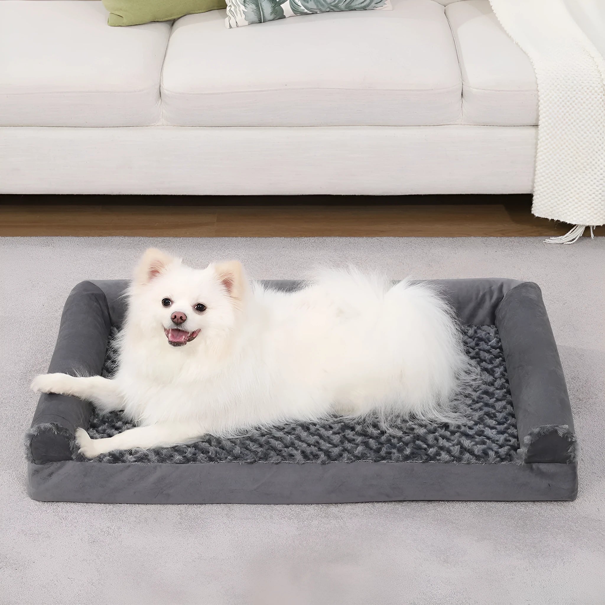 Grey U-shaped velvet dog sofa bed with removable washable cover and sponge insert