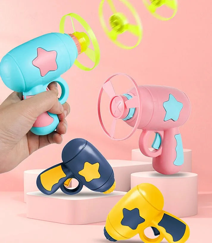 LED flashing flying saucer launcher toy set with colourful discs and gun