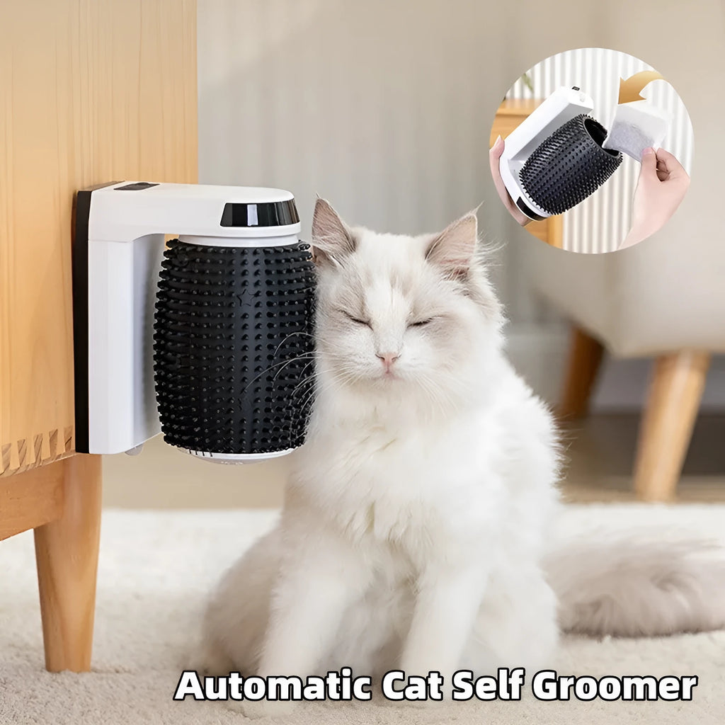 White automatic cat self-groomer mounted on wall corner with USB cable connection