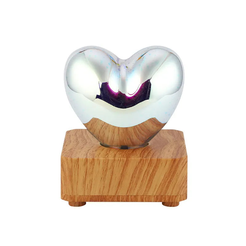 3D love glass small night lamp silver with USB cable on bedside table