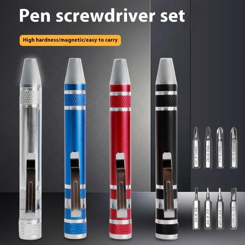 8-in-1 aluminium alloy pen-type screwdriver set with multiple coloured handles and nickel-plated cutter heads