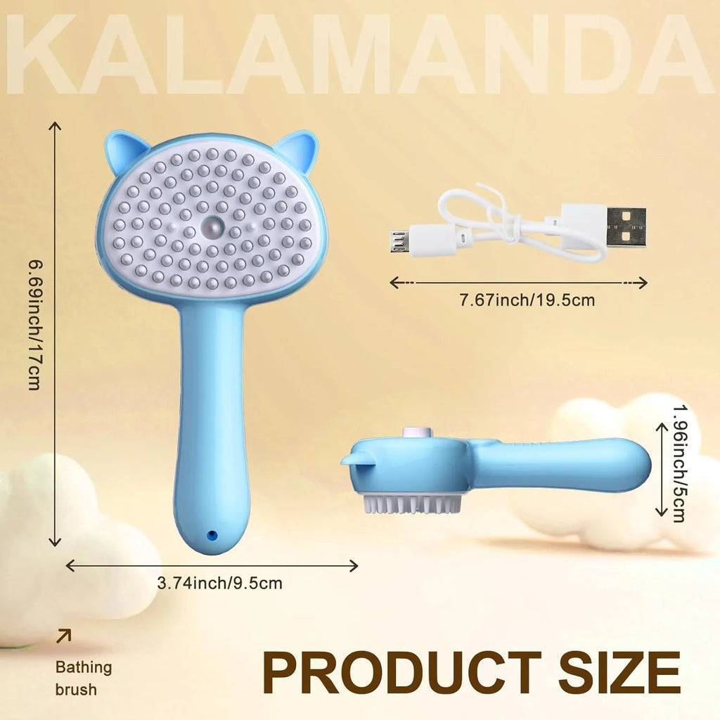 Blue 4-in-1 cat steam brush with ergonomic handle and rubber bristles for pet grooming