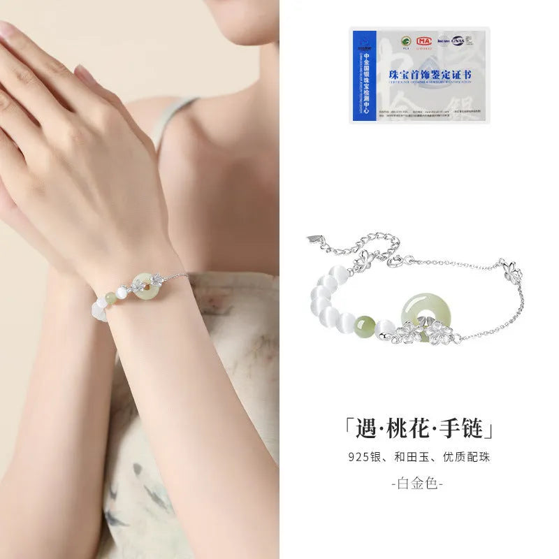 Pure silver peach blossom safety buckle bracelet for women with floral design and peace buckle closure