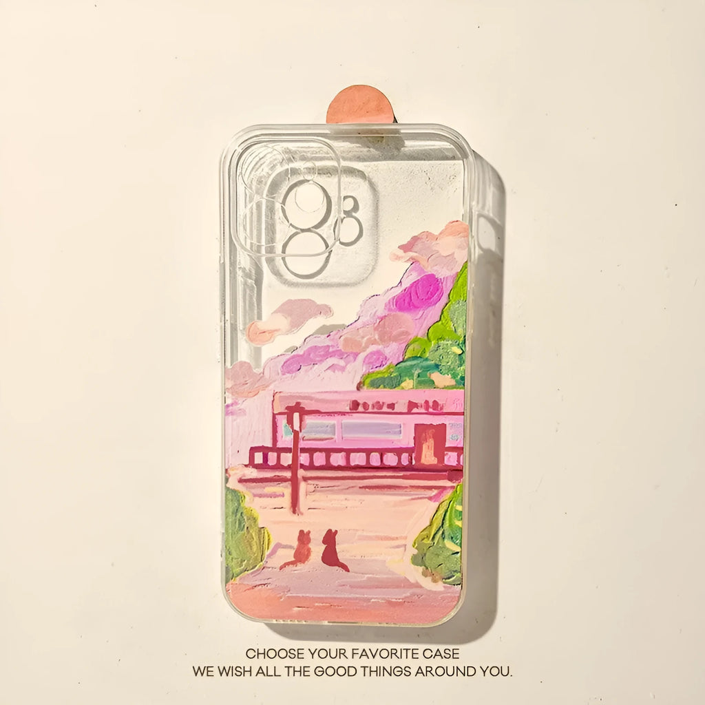 Soft silicone iPhone case with a colour-painted two cat cartoon design on the back.