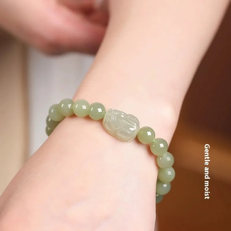 Grey Hetian jade ethnic bracelet with polished beads in 6mm, 8mm, and 10mm size options