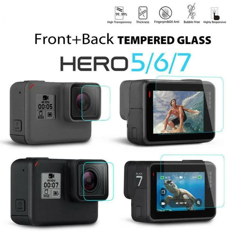 GoPro Hero 5 6 7 camera with transparent tempered glass lens and LCD screen protector films.