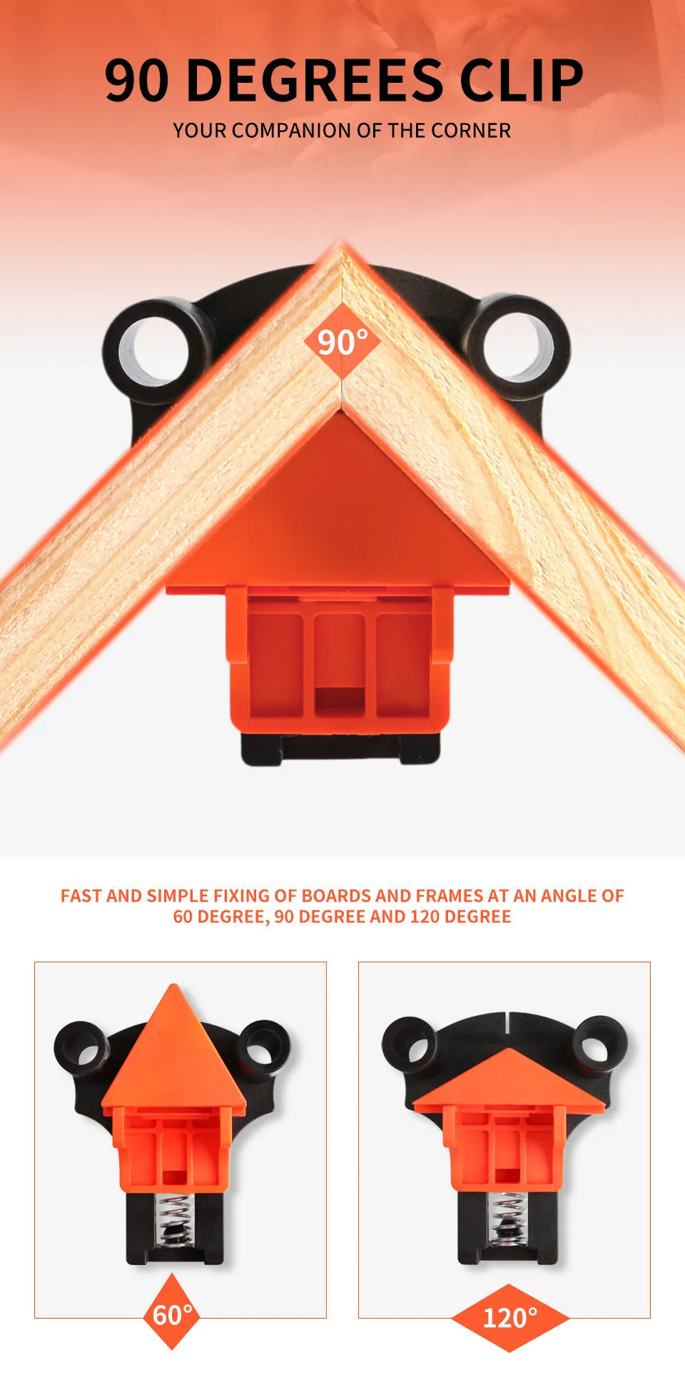 Four plastic 90 degree right angle woodworking clamps for picture frame assembly