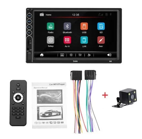 7 inch double DIN car MP5 player with TFT touchscreen, USB, SD, and Bluetooth connectivity