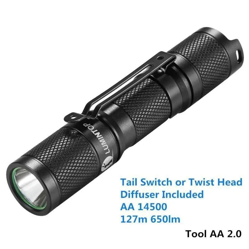 Lumintop Tool AA 2.0 black aluminium flashlight with magnetic tail cap and included accessories