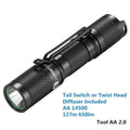 Lumintop Tool AA 2.0 black aluminium flashlight with magnetic tail cap and included accessories